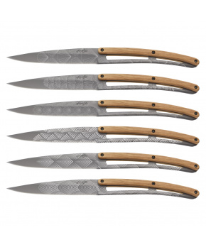 Deejo 2FB012 sada 6 příborových nožů, titanový povrch, olivové dřevo, design Art Déco Deejo 2FB012 sada 6 příborových nožů, titanový povrch, olivové dřevo, design Art Déco