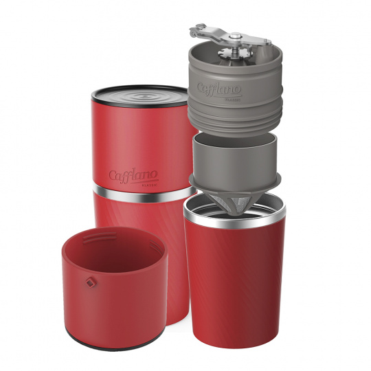 Outdoorový bezelektrický kávovar včetně mlýnku Cafflano Klassic červený