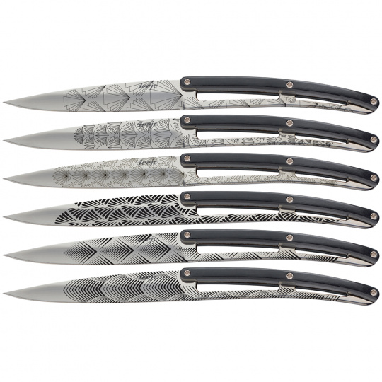 Deejo 2ZP012 sada 6 příborových nožů, lesklá čepel, rukojeť černý ABS, design Art Deco