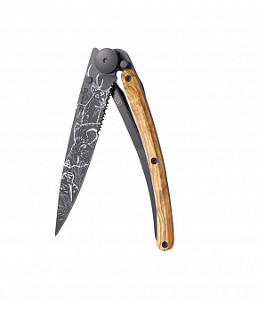 Kapesní nůž Deejo 1GB512 Tattoo Serration Black 37g olive wood Hunting Scene