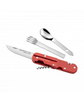 BIVOUAC CAMP KNIFE RED HANDLE - TEXTILE POUCH - FORK and SPOON