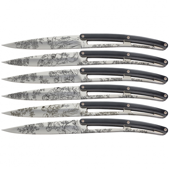 Deejo 2ZP011 sada 6 příborových nožů, lesklá čepel, rukojeť černý ABS, design Toile de Jouy