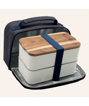 Svačinový box Akinod 11h58 bílý s izolační taškou v džínově modré barvě Svačinový box Akinod 11h58 bílý s izolační taškou v džínově modré barvě