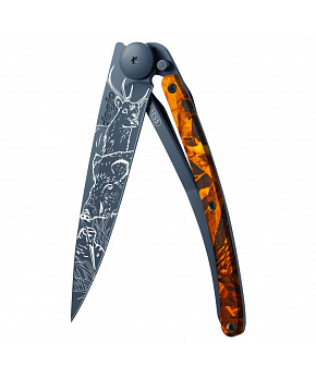 Kapesní nůž Deejo 1GM030 Tattoo Black 37g orange camo Hunting Scene