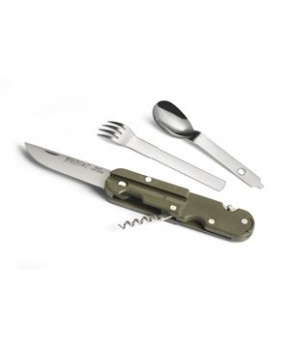BIVOUAC CAMP KNIFE ARMY GREEN HANDLE - TEXTILE POUCH - FORK and SPOON