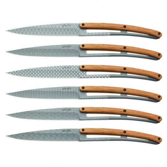 Deejo 2FB013 sada 6 příborových nožů, matně šedá čepel, olivové dřevo, design Geometry