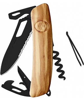 Swiza kapesní nůž SH03TR Allblack Single Hand Wood Olive Wavy Edge